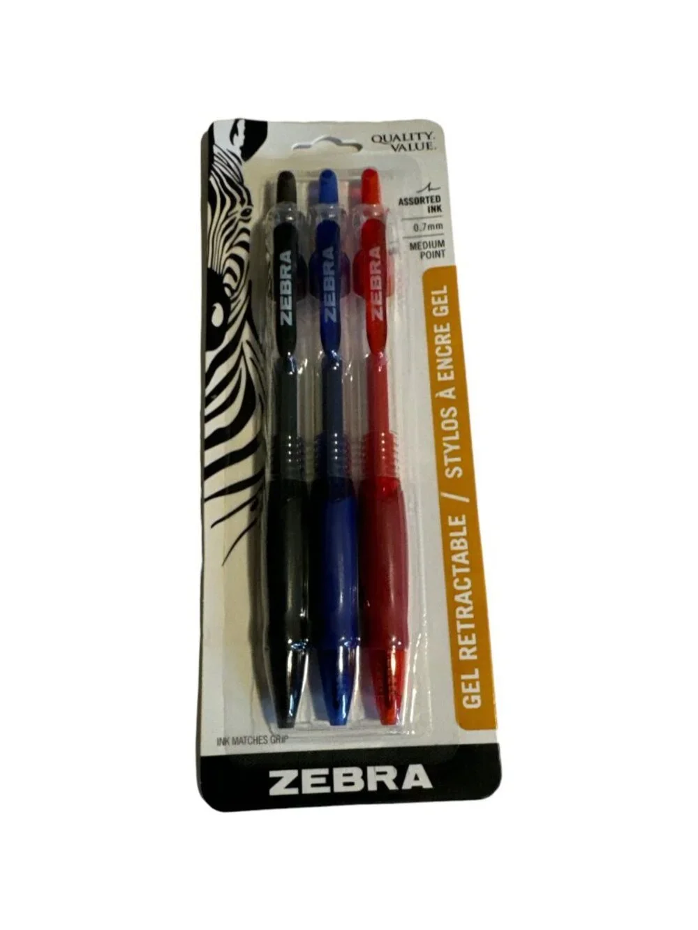 Zebra Gel Retractable Pen 0.7mm Assorted Ink Red Black Blue Set Of 3 new